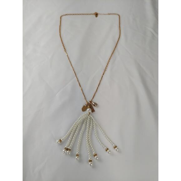 Plunder Design Gold Tone Faux Pearl Bead Dangle & Charm Necklace Statement Piece - Picture 1 of 7